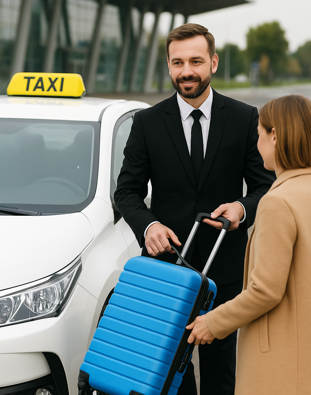 Licensed Bagshot taxi driver helping passenger with luggage beside a modern vehicle