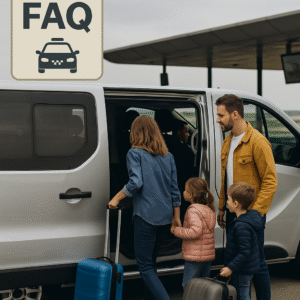 Family with luggage boarding a Bagshot minibus taxi