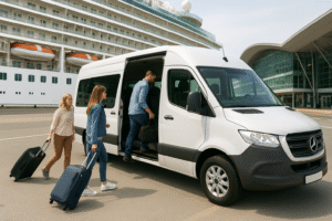 Bagshot minibus taxi parked at Southampton cruise terminal with passengers