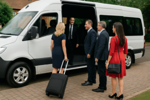 Group of friends entering Bagshot minibus taxi for wedding travel