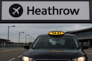 Heathrow Airport sign with Bagshot taxi and passenger luggage