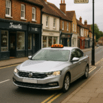 Bagshot taxi driving through High Street in Bagshot village